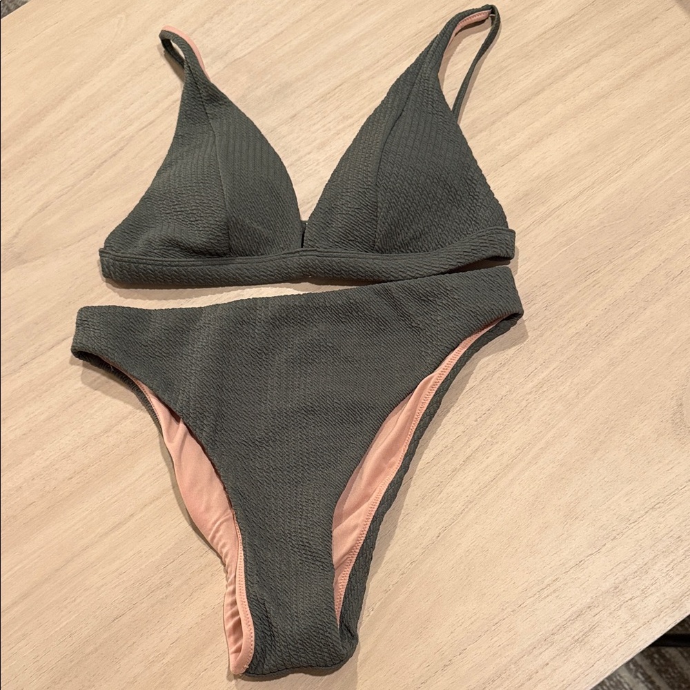 Olive Green Textured Bikini Set Small High Cut Minimal Swim 90s Style
